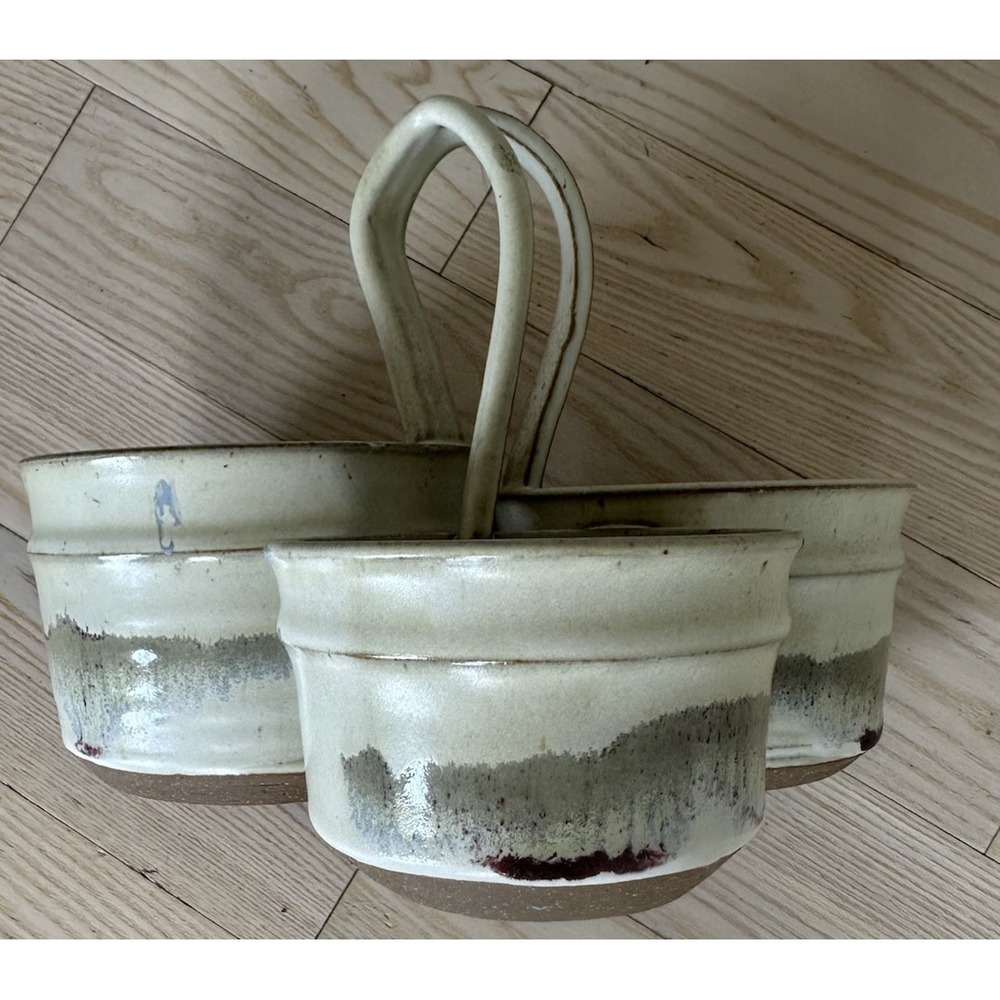 Studio Pottery Vintage Signed Triple Serving Condiment Bowl W/ Double Handle